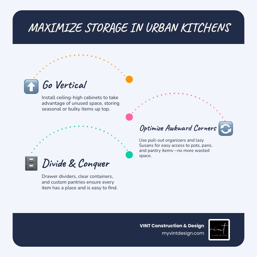 Storage optimization techniques for urban kitchens showing vertical cabinet usage, pull-out organizer efficiency, corner cabinet solutions, and drawer organization systems with space-saving percentages - urban kitchen solutions infographic infographic-line-3-steps-blues-accent_colors Storage optimization techniques for urban kitchens showing vertical cabinet usage, pull-out organizer efficiency, corner cabinet solutions, and drawer organization systems with space-saving percentages - urban kitchen solutions infographic infographic-line-3-steps-blues-accent_colors