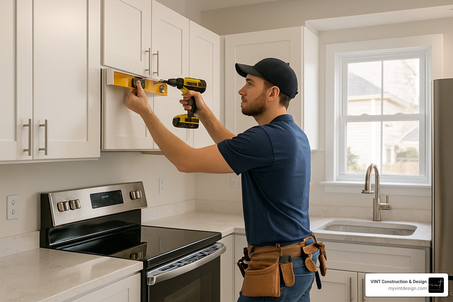 Professional contractor working on kitchen cabinet installation in modern Marlton home - kitchen contractors marlton nj