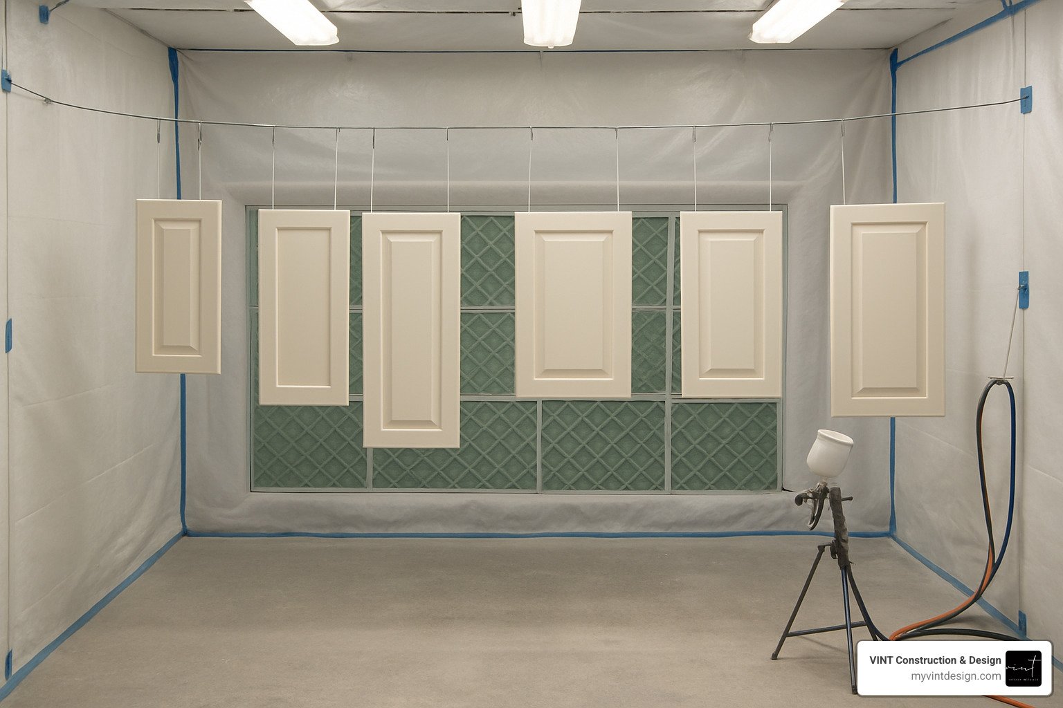 Professional cabinet refinishing workspace showing spray booth setup - cabinet refinishing Professional cabinet refinishing workspace showing spray booth setup - cabinet refinishing