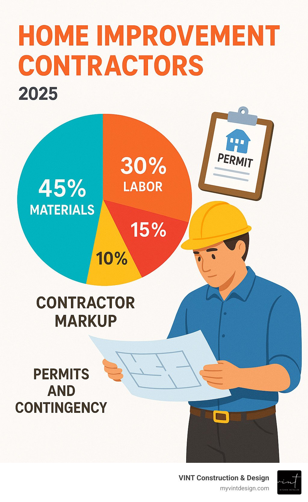 Infographic showing cost breakdown: 45% materials, 30% labor, 15% contractor markup, 10% permits and contingency - home improvement contractors infographic Infographic showing cost breakdown: 45% materials, 30% labor, 15% contractor markup, 10% permits and contingency - home improvement contractors infographic