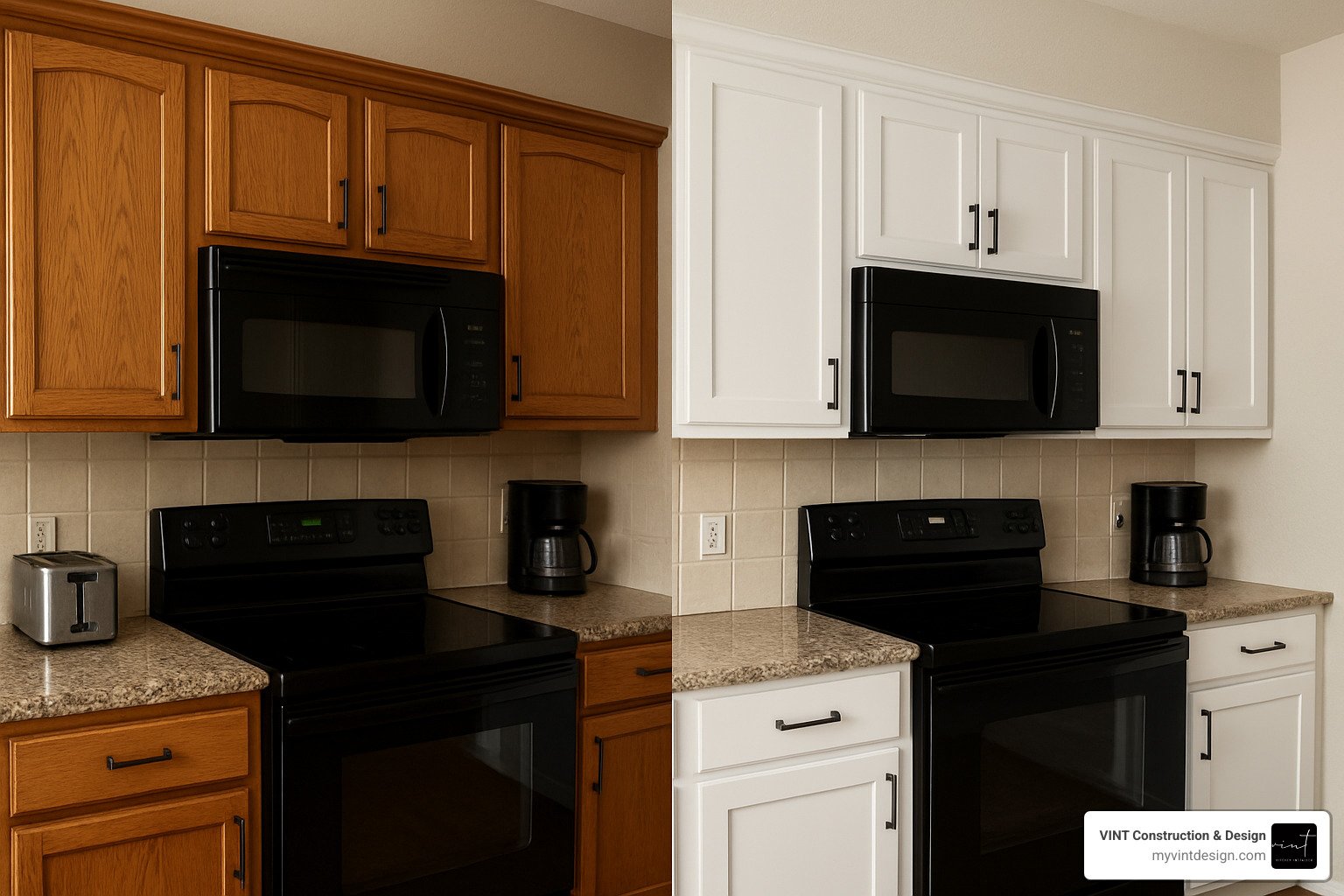 Before and after cabinet refinishing showing change from dated wood to modern white finish - cabinet refinishing Before and after cabinet refinishing showing change from dated wood to modern white finish - cabinet refinishing