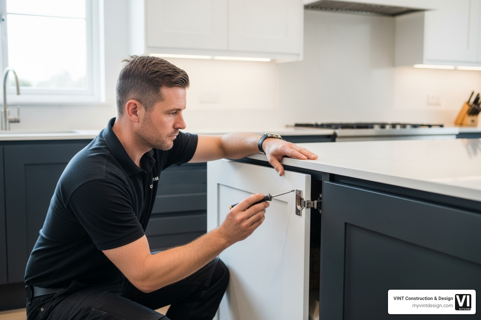 professional installer making precise adjustments to a cabinet door - custom cabinet install professional installer making precise adjustments to a cabinet door - custom cabinet install