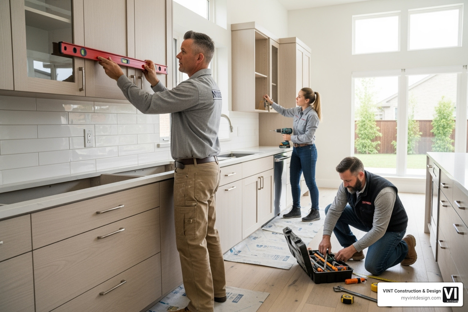 VINT Construction & Design team at work, demonstrating expert installation techniques - custom cabinet install VINT Construction & Design team at work, demonstrating expert installation techniques - custom cabinet install