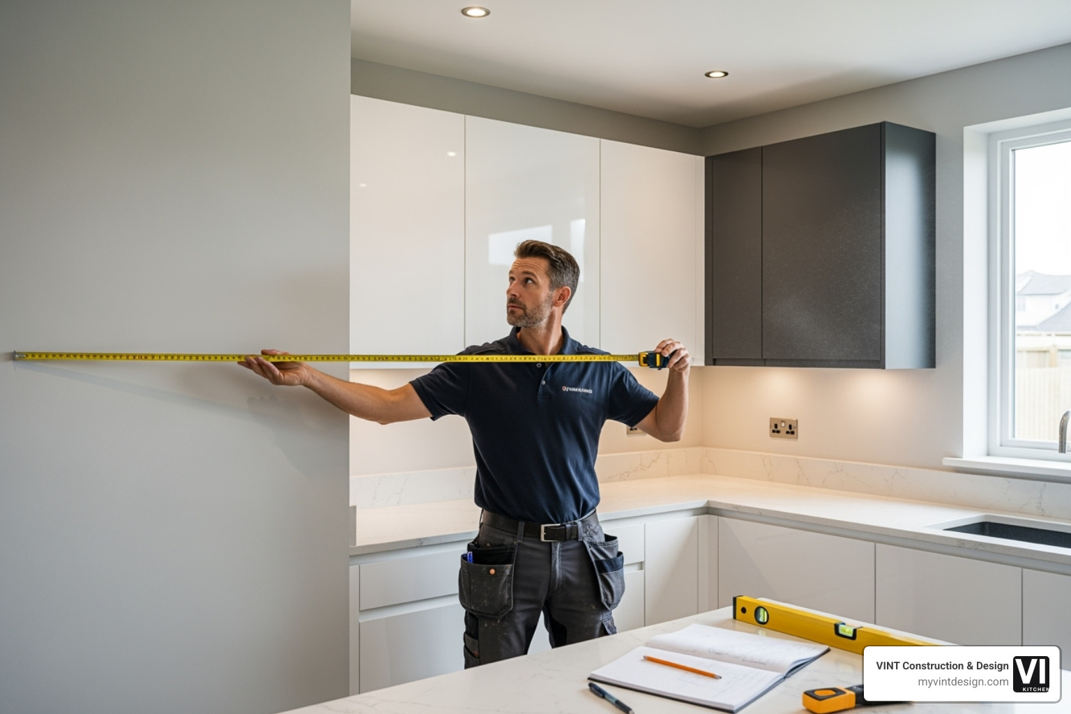 contractor carefully measuring a kitchen space for cabinet installation - kitchen cabinet installation contractor contractor carefully measuring a kitchen space for cabinet installation - kitchen cabinet installation contractor